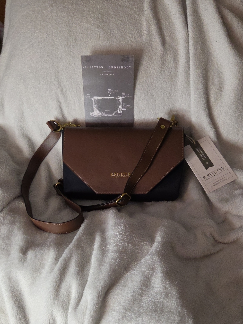 NWT R. Riveter Patton Style Black Nylon Brown Leather Crossbody